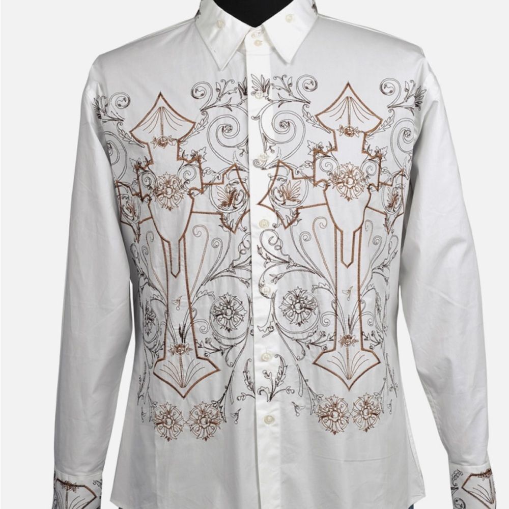 Milano Mode Men's White and Brown Embroidered Shirt